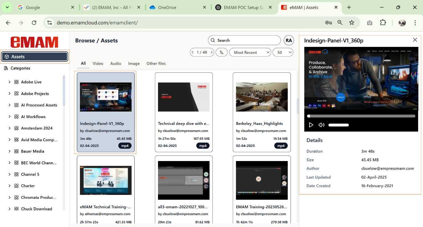 Click on assets displaying asset preview player with asset details.