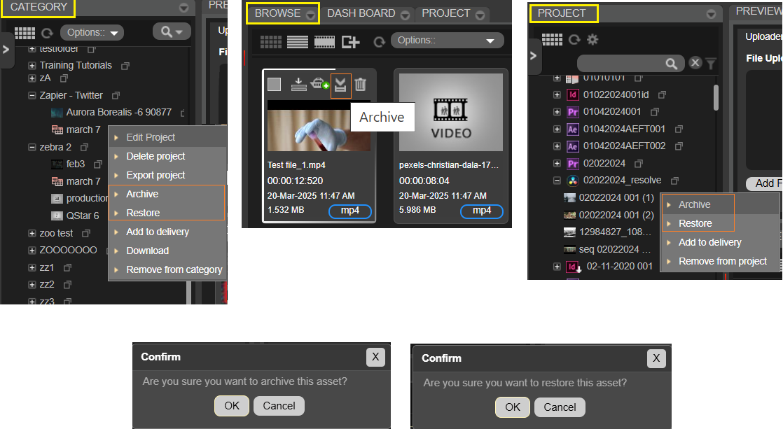 Confirmation window to confirm archive and restore from Project, Category and Browse widgets