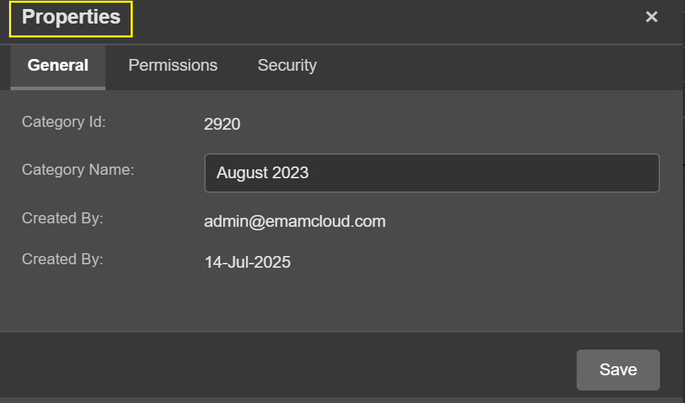 Properties window to edit details under Permissions and Security tabs