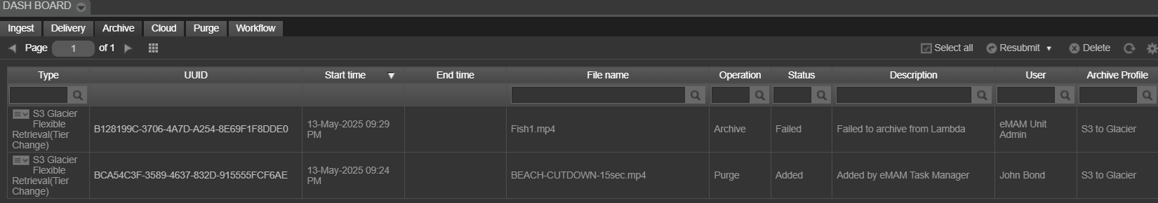 Archive profile displayed in the Archive dashboard