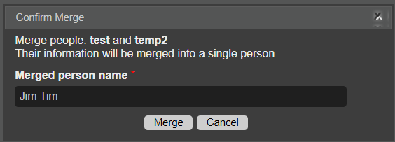 Confirm Merge window to confirm merging of persons. Give the merged person name