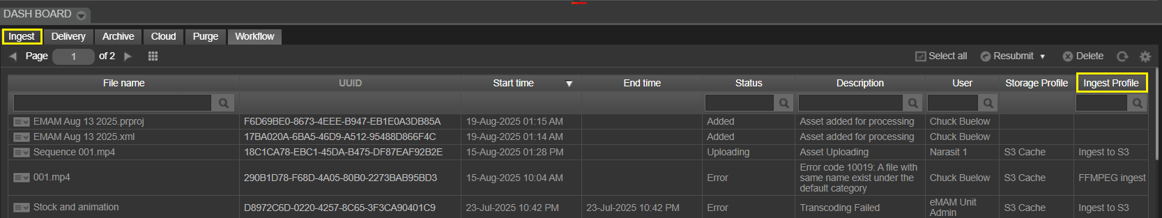 Ingest profile displayed in the Ingest dashboard