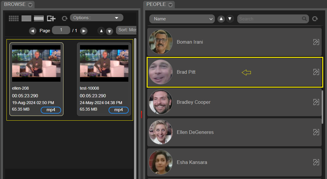 Clicking on any of the faces will retrieve and display all the assets in the Browse widget where this face was detected