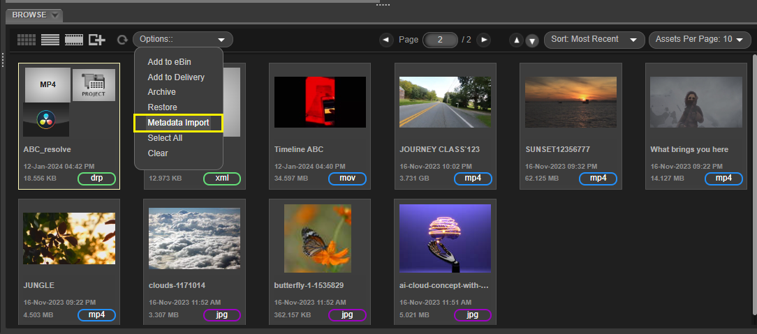 Under Options menu select Metadata Import