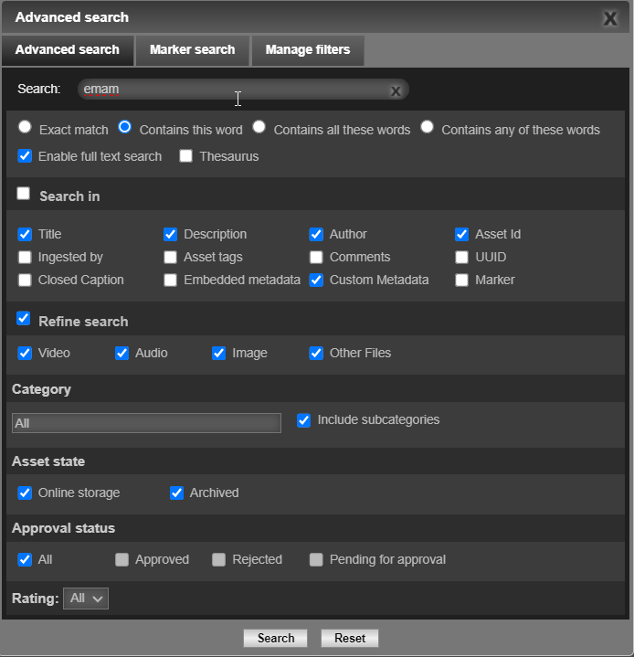 What are the types of searches offered in eMAM?